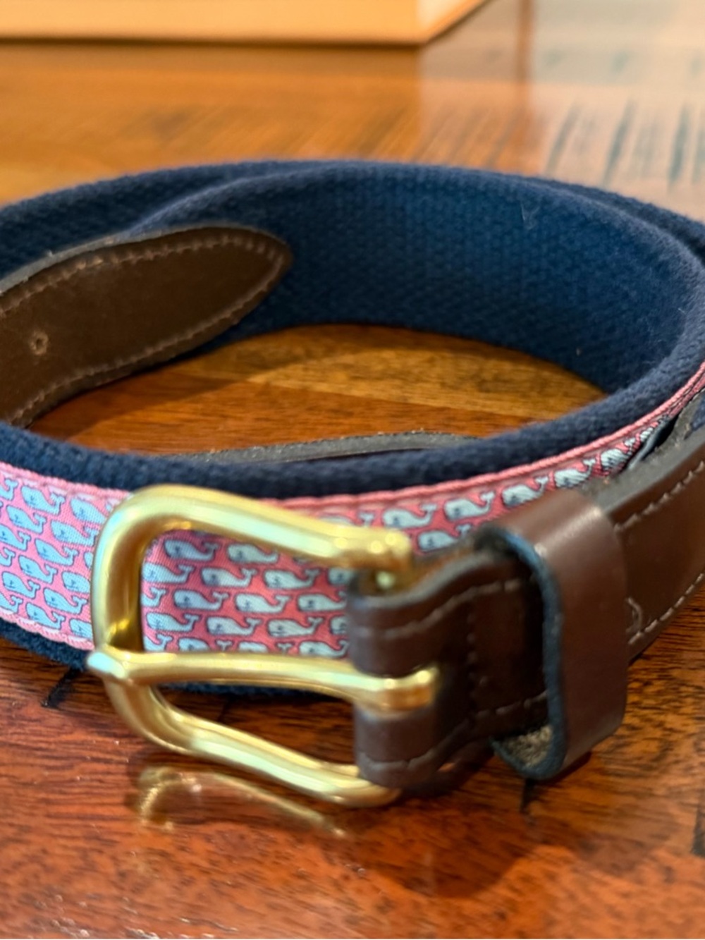 Vineyard Vines Pink Signature Whale Canvas & Brown Leather Belt with Gold Buckle